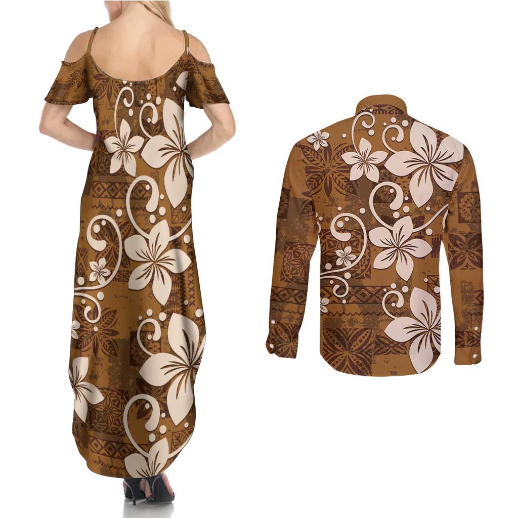 Plumeria Floral Tapa Pattern Vintage Gold Couples Matching Summer Maxi Dress and Long Sleeve Button Shirt
