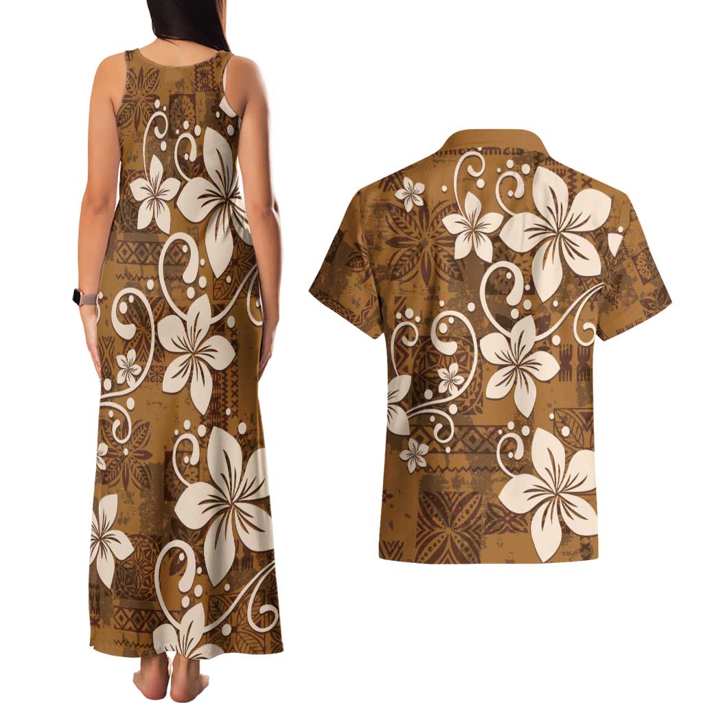 Plumeria Floral Tapa Pattern Vintage Gold Couples Matching Tank Maxi Dress and Hawaiian Shirt