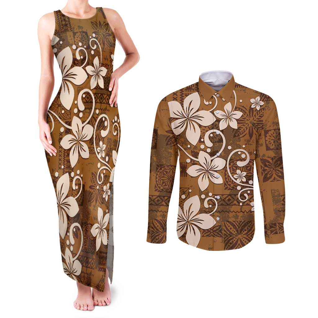 Plumeria Floral Tapa Pattern Vintage Gold Couples Matching Tank Maxi Dress and Long Sleeve Button Shirt