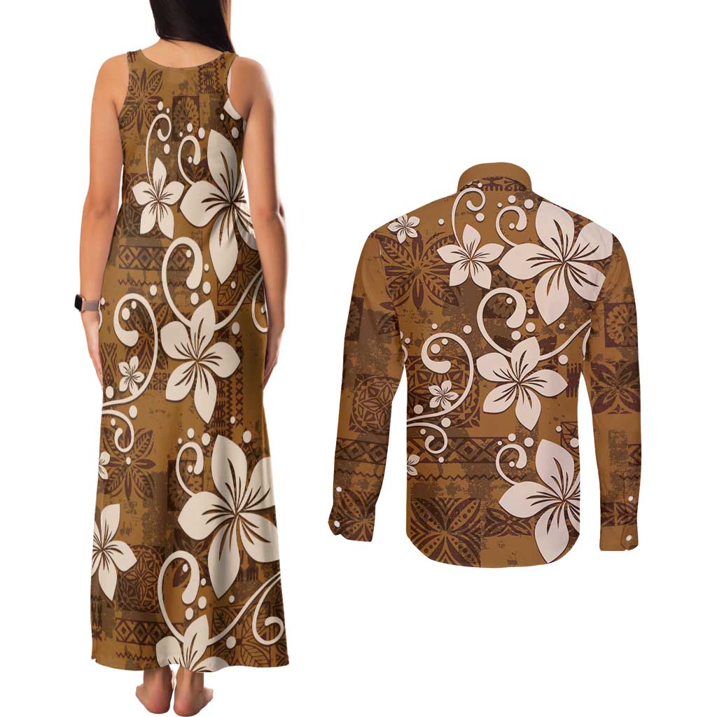 Plumeria Floral Tapa Pattern Vintage Gold Couples Matching Tank Maxi Dress and Long Sleeve Button Shirt