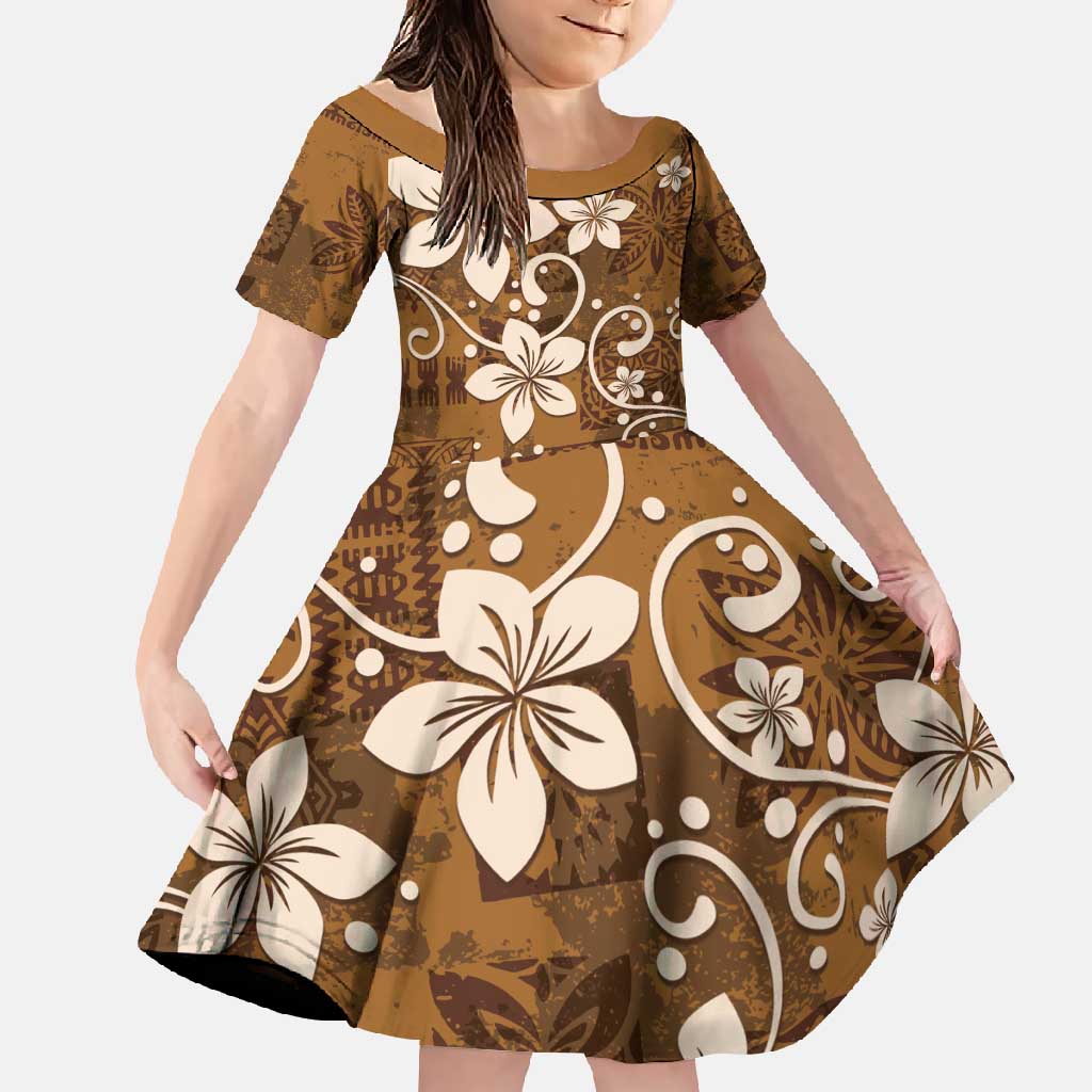 Plumeria Floral Tapa Pattern Vintage Gold Family Matching Long Sleeve Bodycon Dress and Hawaiian Shirt LT01 Daughter's Dress Gold - Polynesian Pride