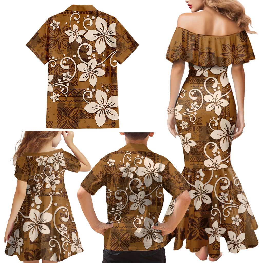 Plumeria Floral Tapa Pattern Vintage Gold Family Matching Mermaid Dress and Hawaiian Shirt LT01 - Polynesian Pride