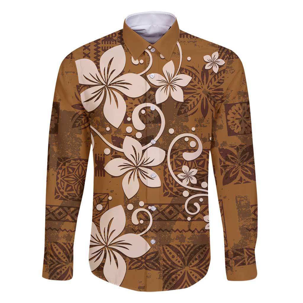 Plumeria Floral Tapa Pattern Vintage Gold Family Matching Mermaid Dress and Hawaiian Shirt LT01 Dad's Shirt - Long Sleeve Gold - Polynesian Pride