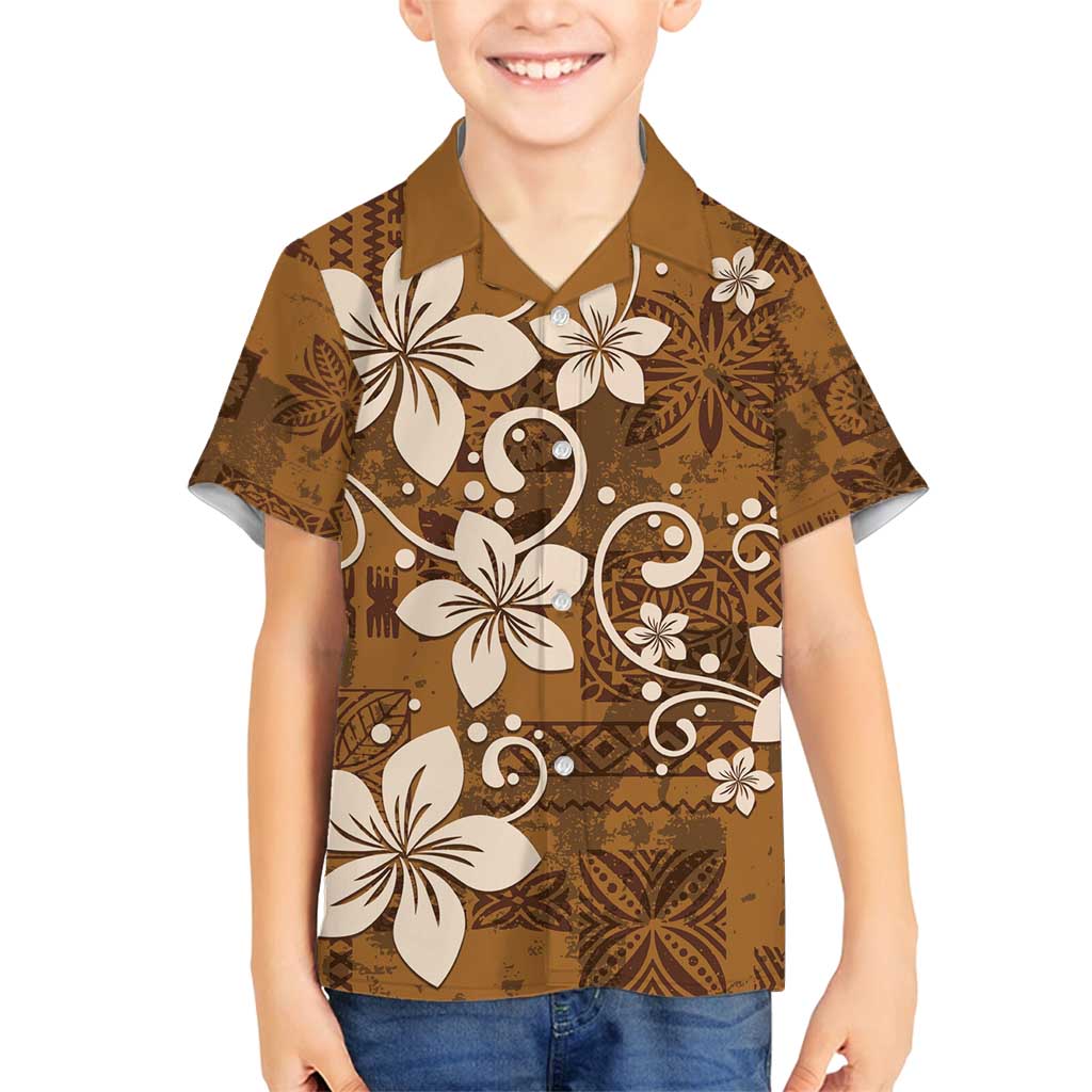 Plumeria Floral Tapa Pattern Vintage Gold Family Matching Off Shoulder Maxi Dress and Hawaiian Shirt