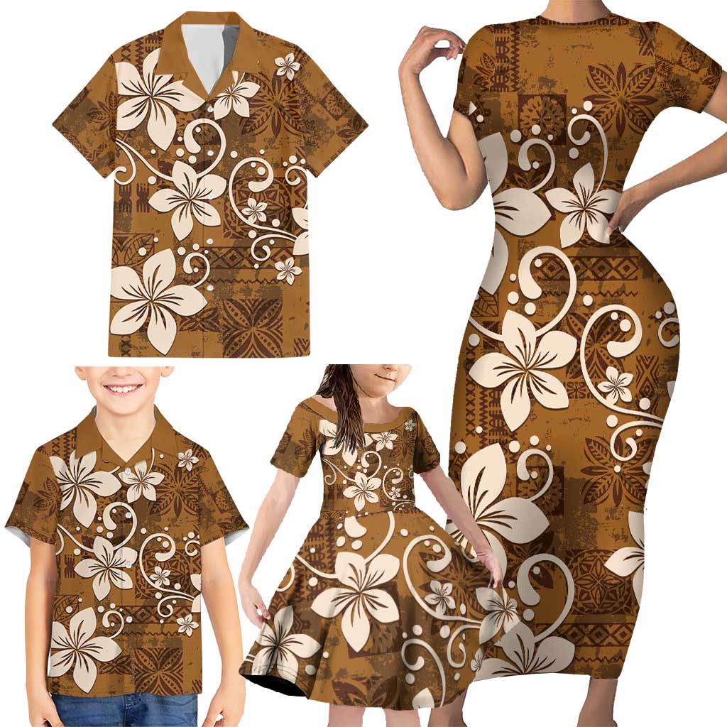 Plumeria Floral Tapa Pattern Vintage Gold Family Matching Short Sleeve Bodycon Dress and Hawaiian Shirt LT01 - Polynesian Pride