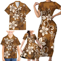 Plumeria Floral Tapa Pattern Vintage Gold Family Matching Short Sleeve Bodycon Dress and Hawaiian Shirt LT01 - Polynesian Pride