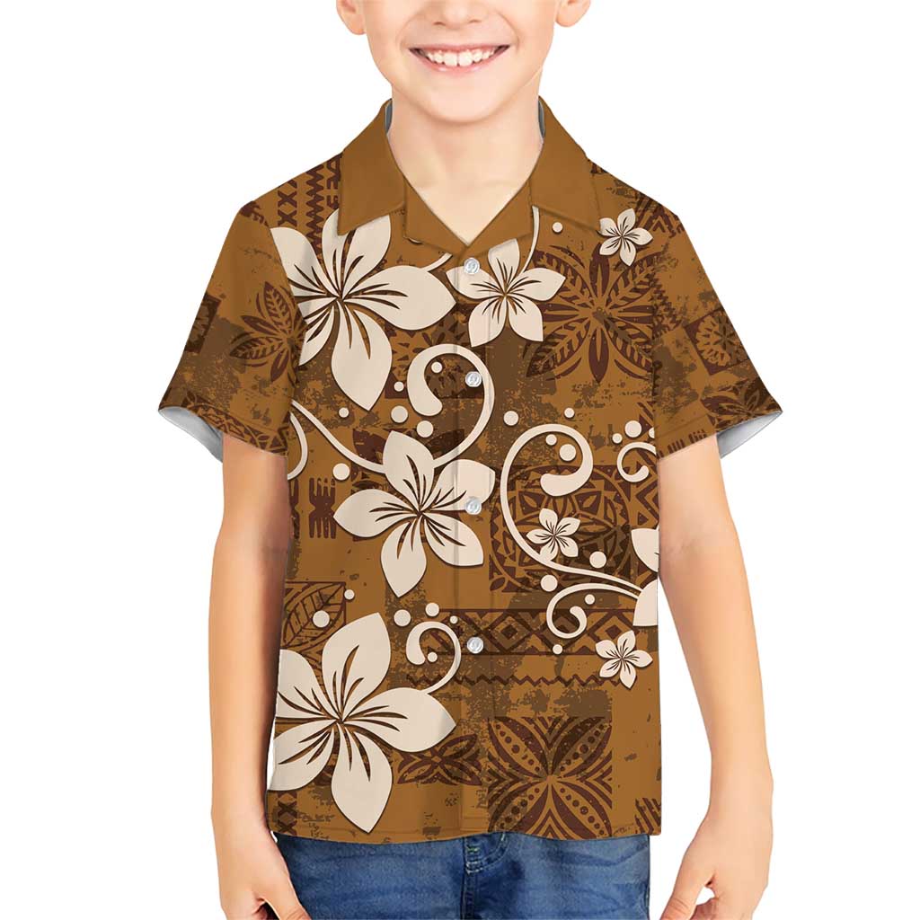 Plumeria Floral Tapa Pattern Vintage Gold Family Matching Short Sleeve Bodycon Dress and Hawaiian Shirt LT01 Son's Shirt Gold - Polynesian Pride