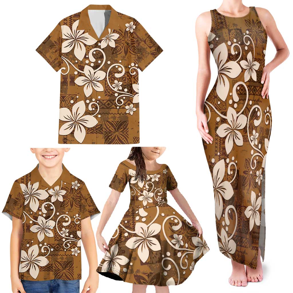 Plumeria Floral Tapa Pattern Vintage Gold Family Matching Tank Maxi Dress and Hawaiian Shirt LT01 - Polynesian Pride