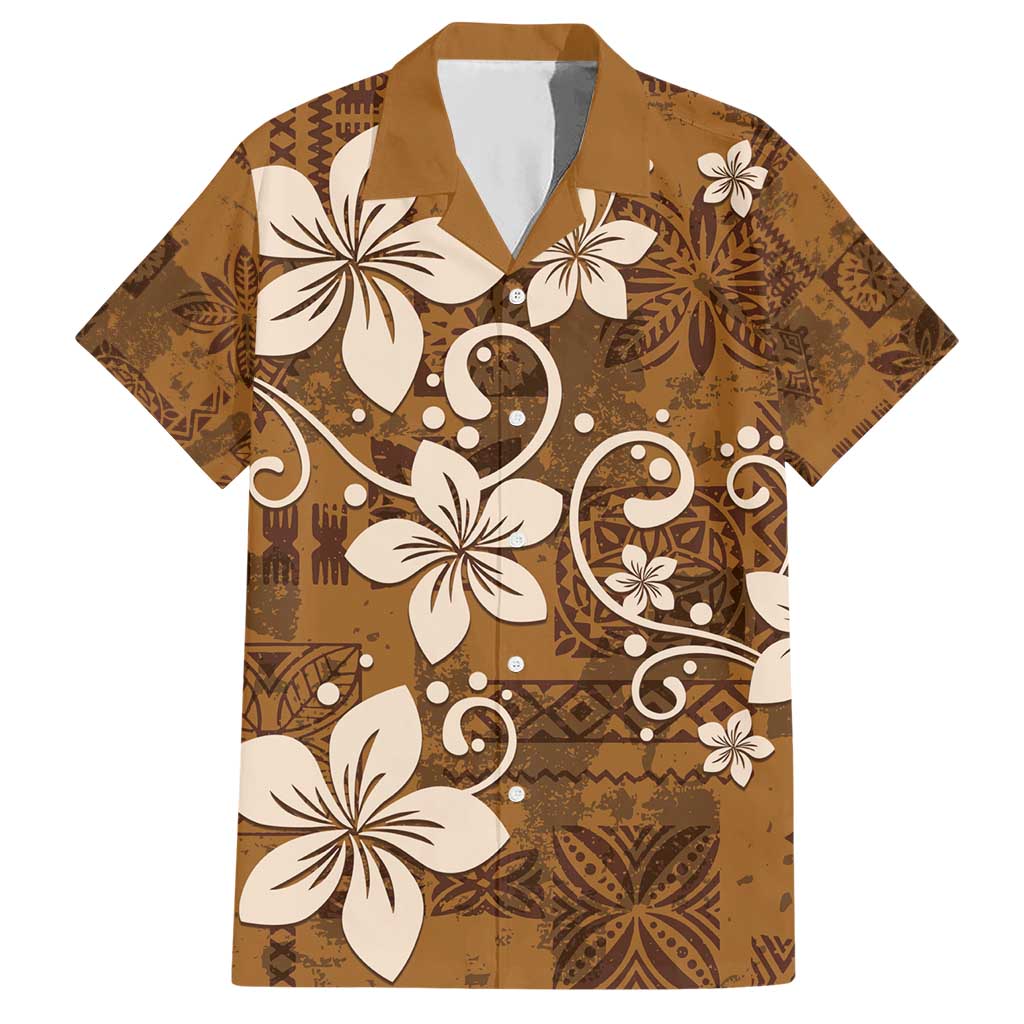 Plumeria Floral Tapa Pattern Vintage Gold Hawaiian Shirt