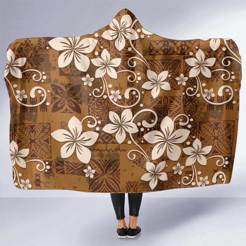 Plumeria Floral Tapa Pattern Vintage Gold Hooded Blanket