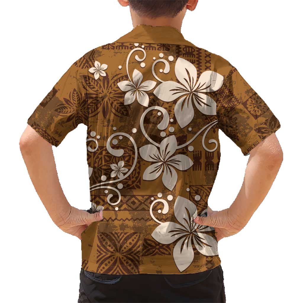 Plumeria Floral Tapa Pattern Vintage Gold Kid Hawaiian Shirt