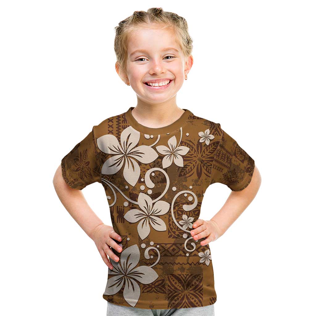 Plumeria Floral Tapa Pattern Vintage Gold Kid T Shirt LT01 Gold - Polynesian Pride