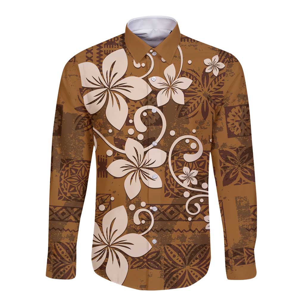 Plumeria Floral Tapa Pattern Vintage Gold Long Sleeve Button Shirt LT01 Unisex Gold - Polynesian Pride