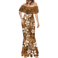 Plumeria Floral Tapa Pattern Vintage Gold Mermaid Dress LT01 - Polynesian Pride