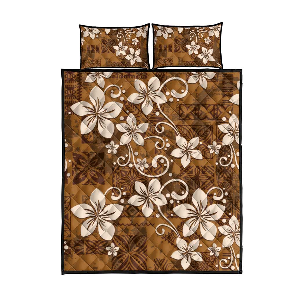 Plumeria Floral Tapa Pattern Vintage Gold Quilt Bed Set