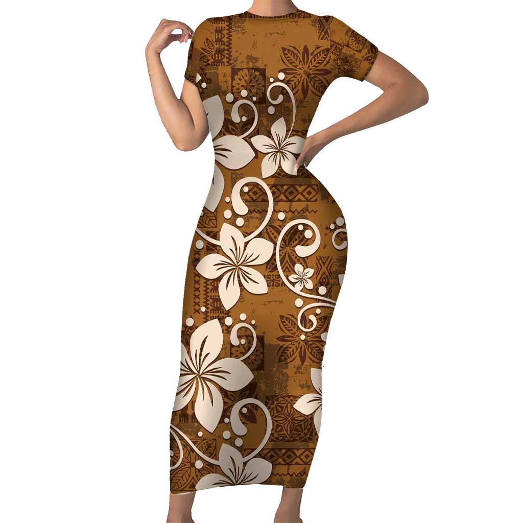 Plumeria Floral Tapa Pattern Vintage Gold Short Sleeve Bodycon Dress LT01 Long Dress Gold - Polynesian Pride