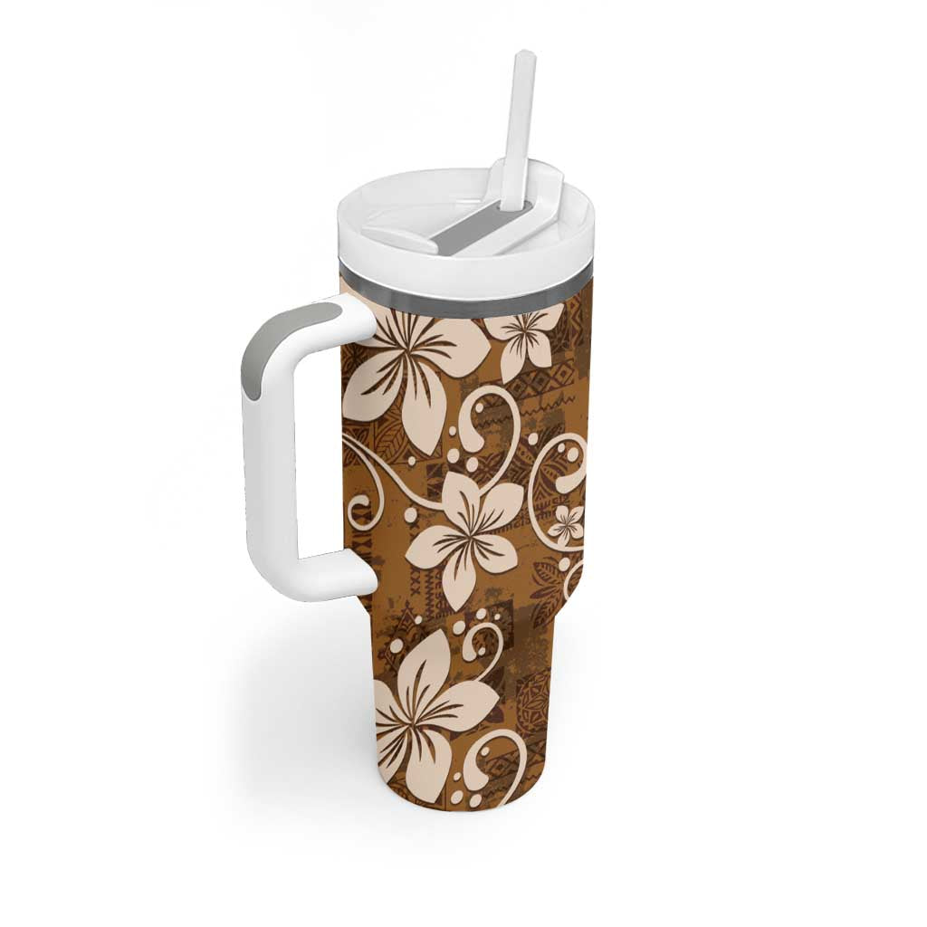 Plumeria Floral Tapa Pattern Vintage Gold Tumbler With Handle LT01 - Polynesian Pride