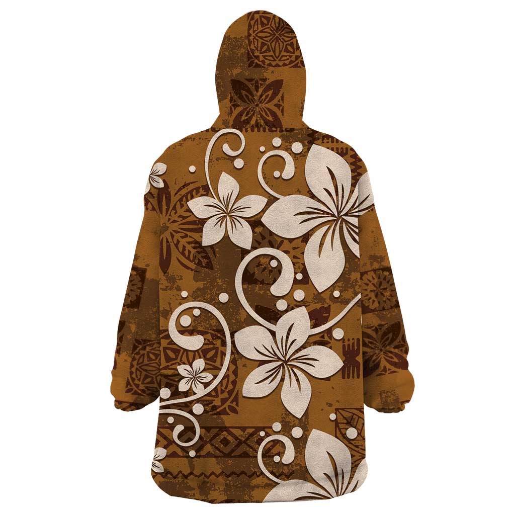 Plumeria Floral Tapa Pattern Vintage Gold Wearable Blanket Hoodie