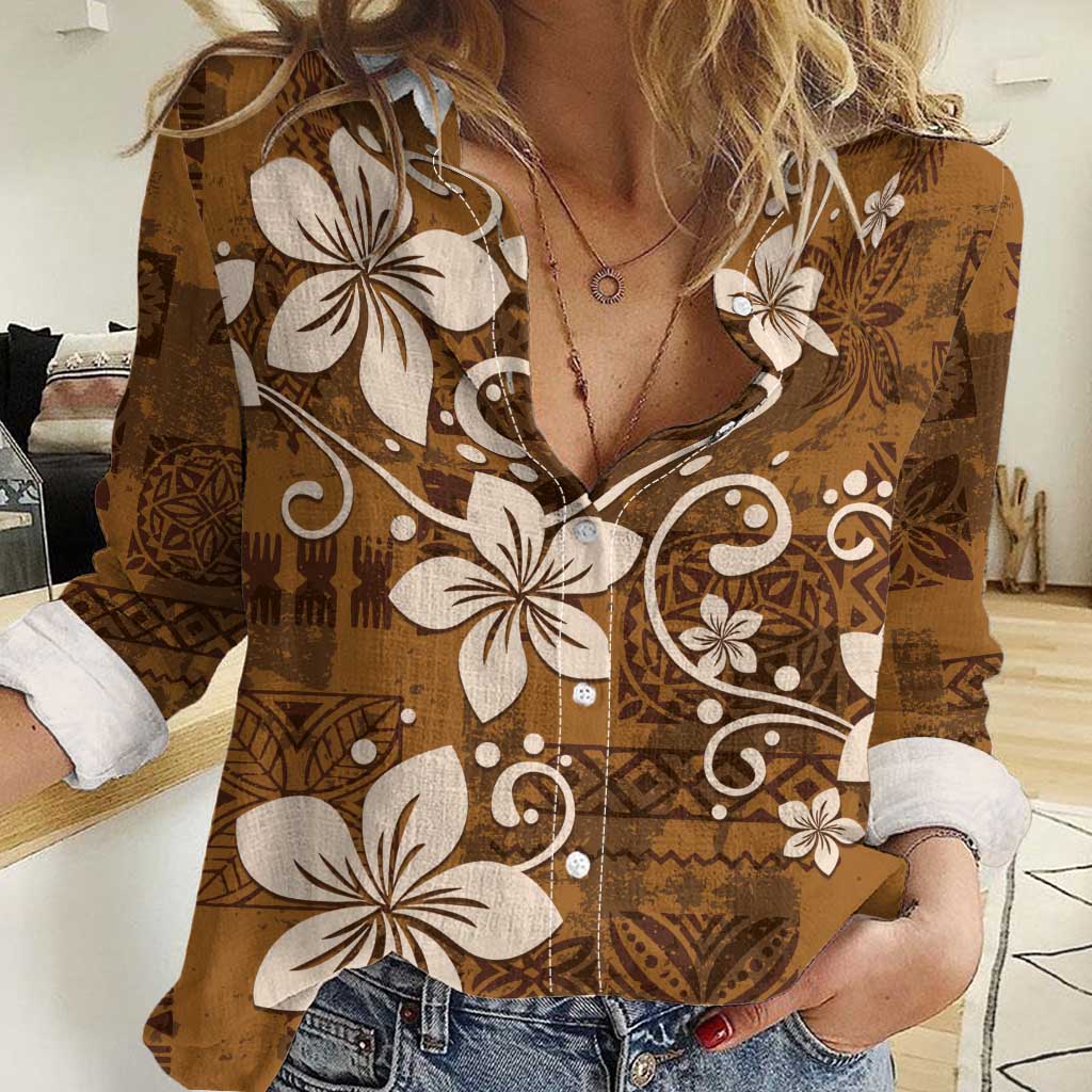 Plumeria Floral Tapa Pattern Vintage Gold Women Casual Shirt LT01 Female Gold - Polynesian Pride