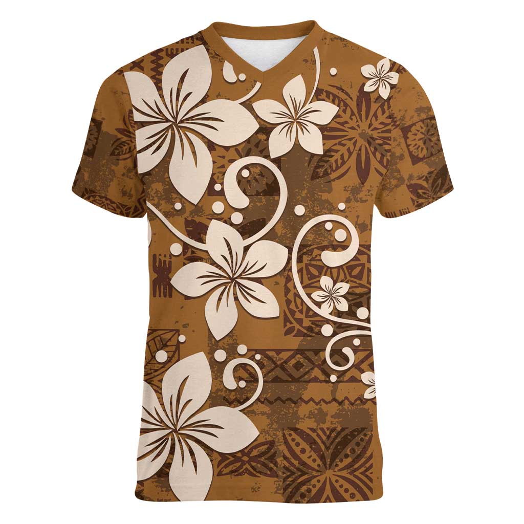 Plumeria Floral Tapa Pattern Vintage Gold Women V-Neck T-Shirt LT01 Female Gold - Polynesian Pride