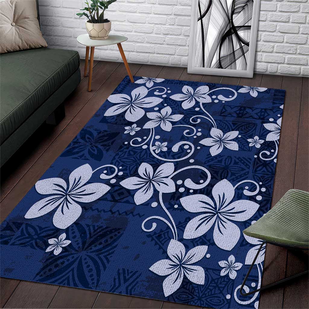 Plumeria Floral Tapa Pattern Navy Blue Area Rug