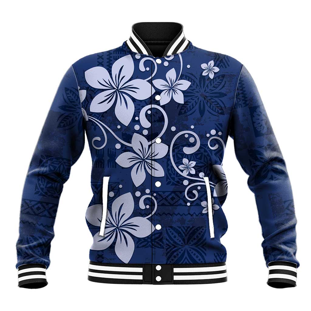 Plumeria Floral Tapa Pattern Navy Blue Baseball Jacket LT01 Unisex Blue - Polynesian Pride