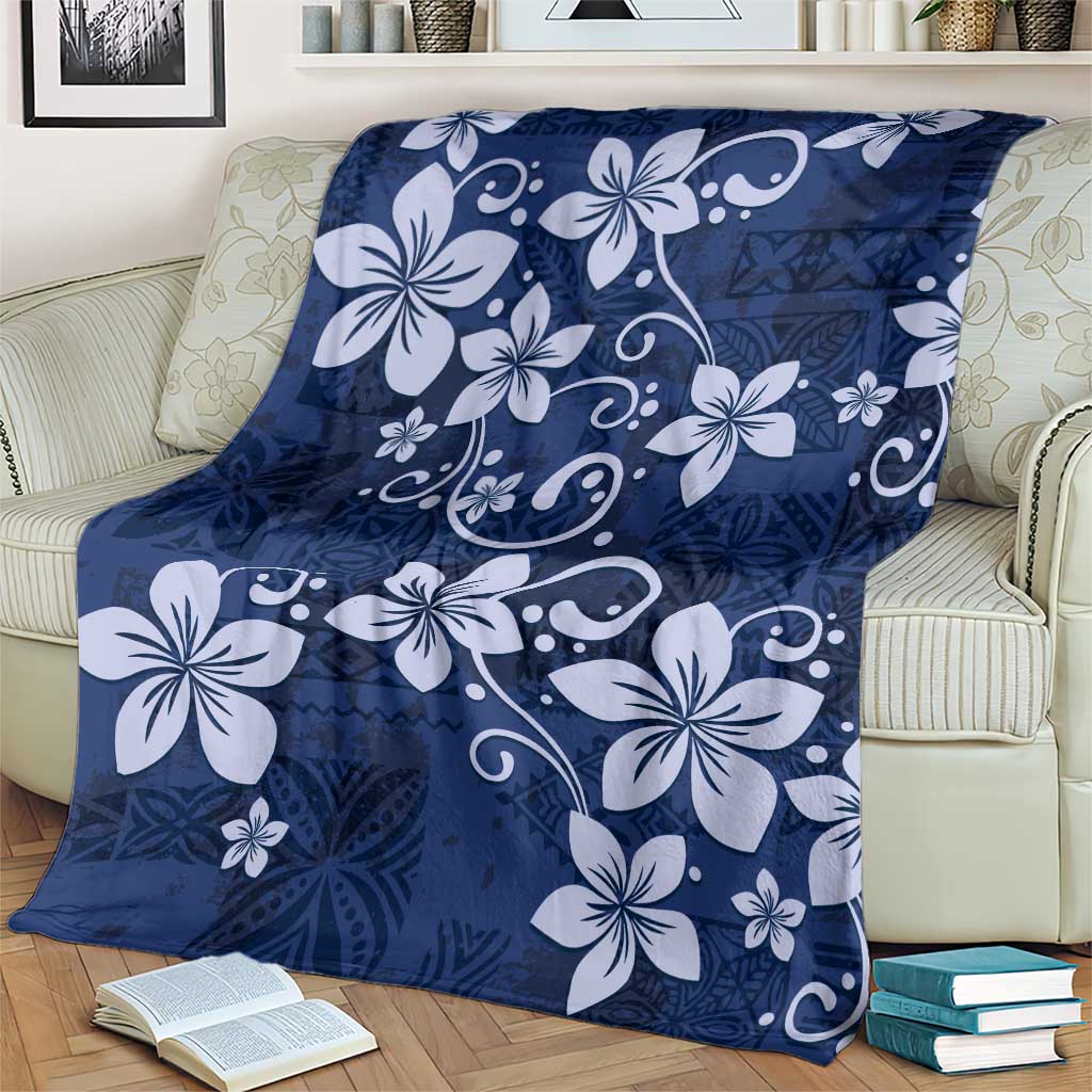 Plumeria Floral Tapa Pattern Navy Blue Blanket