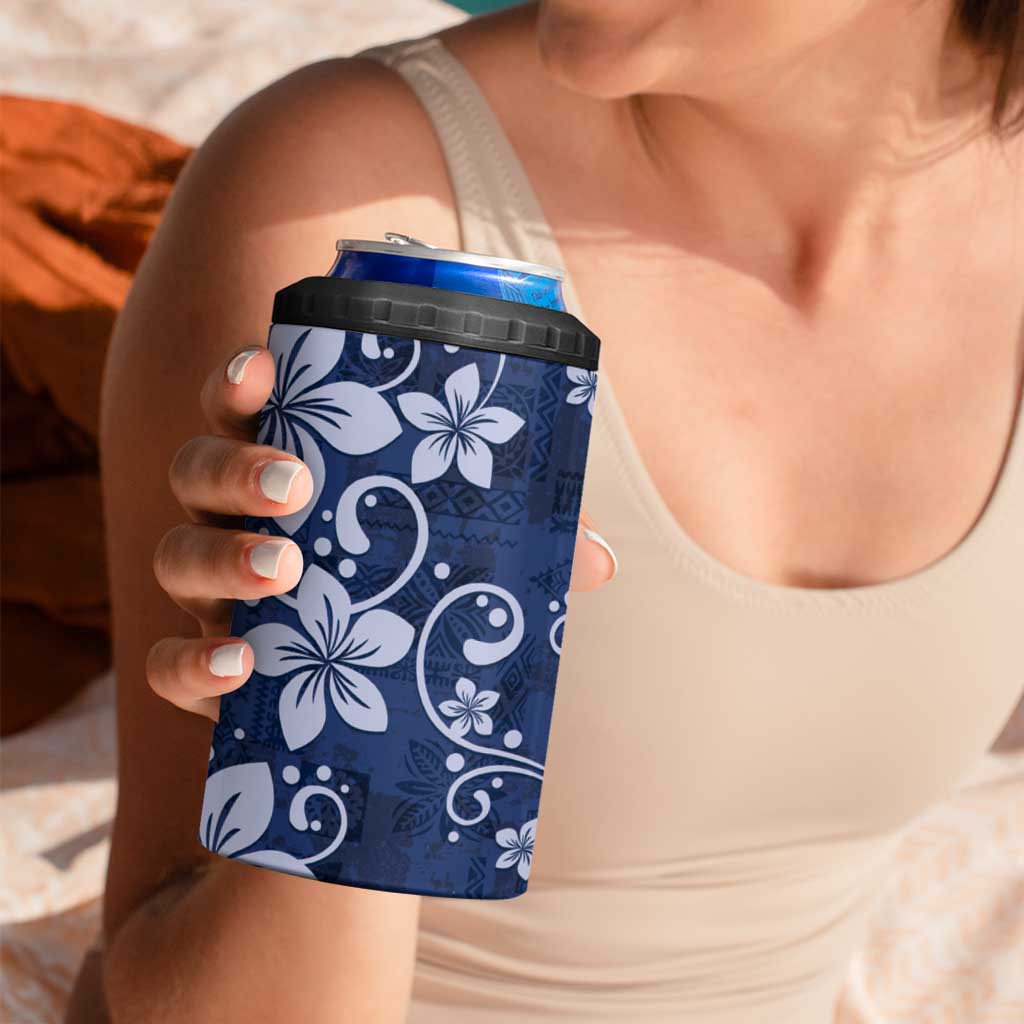 Plumeria Floral Tapa Pattern Navy Blue 4 in 1 Can Cooler Tumbler