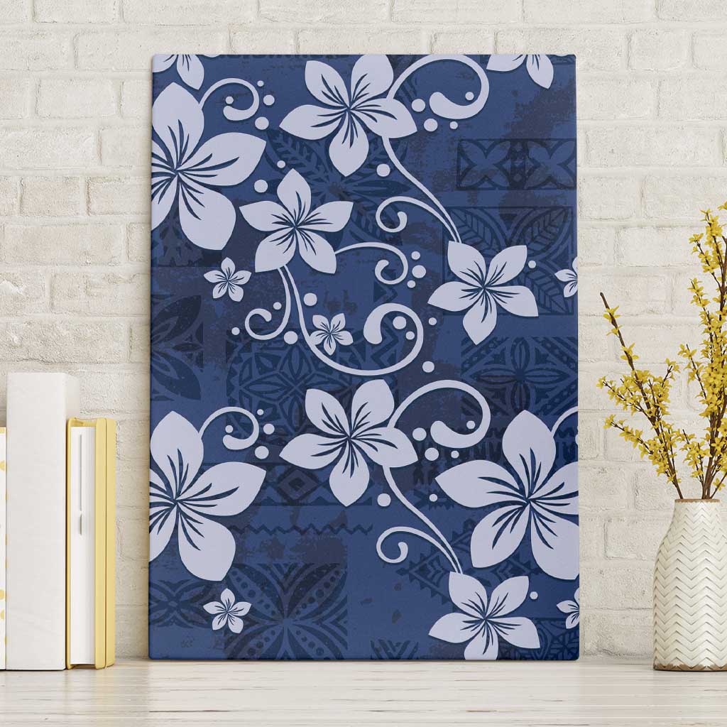 Plumeria Floral Tapa Pattern Navy Blue Canvas Wall Art