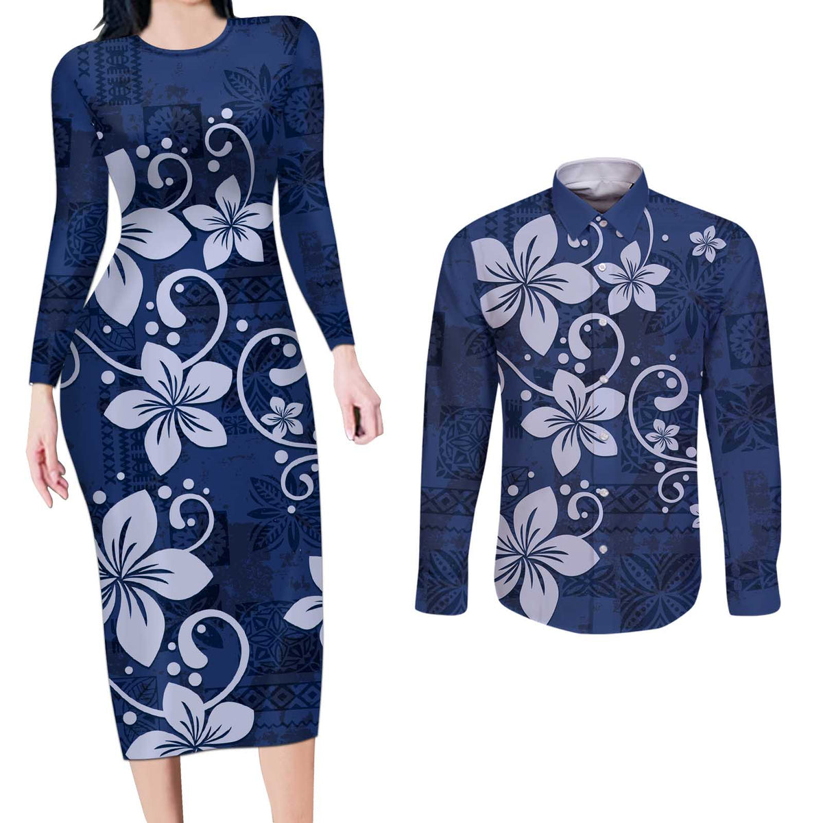 Plumeria Floral Tapa Pattern Navy Blue Couples Matching Long Sleeve Bodycon Dress and Long Sleeve Button Shirt