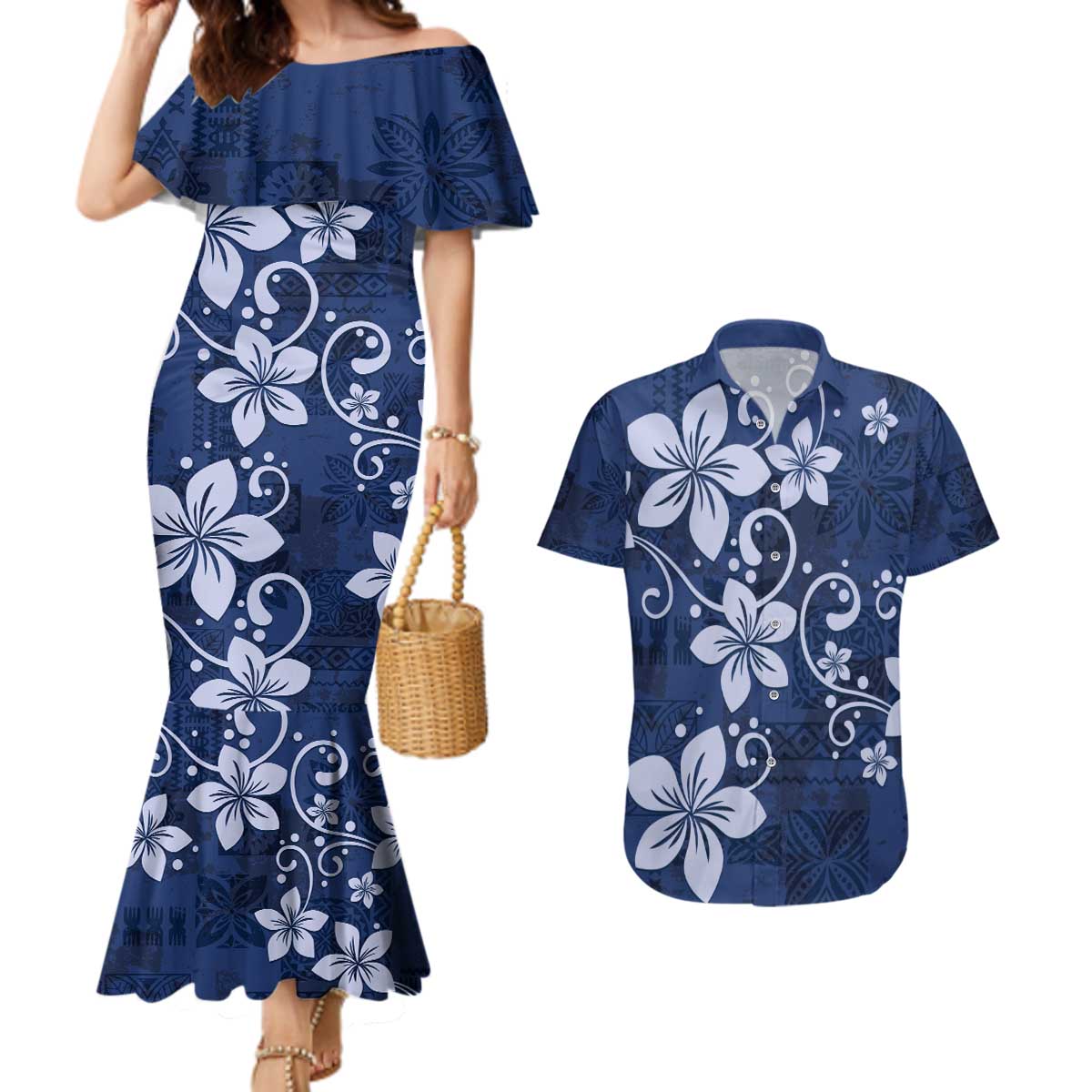 Plumeria Floral Tapa Pattern Navy Blue Couples Matching Mermaid Dress and Hawaiian Shirt