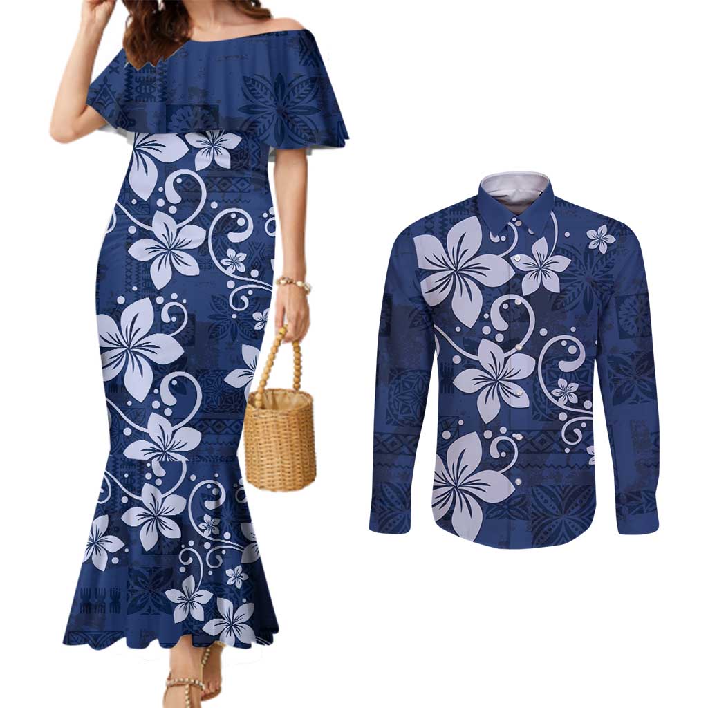 Plumeria Floral Tapa Pattern Navy Blue Couples Matching Mermaid Dress and Long Sleeve Button Shirt