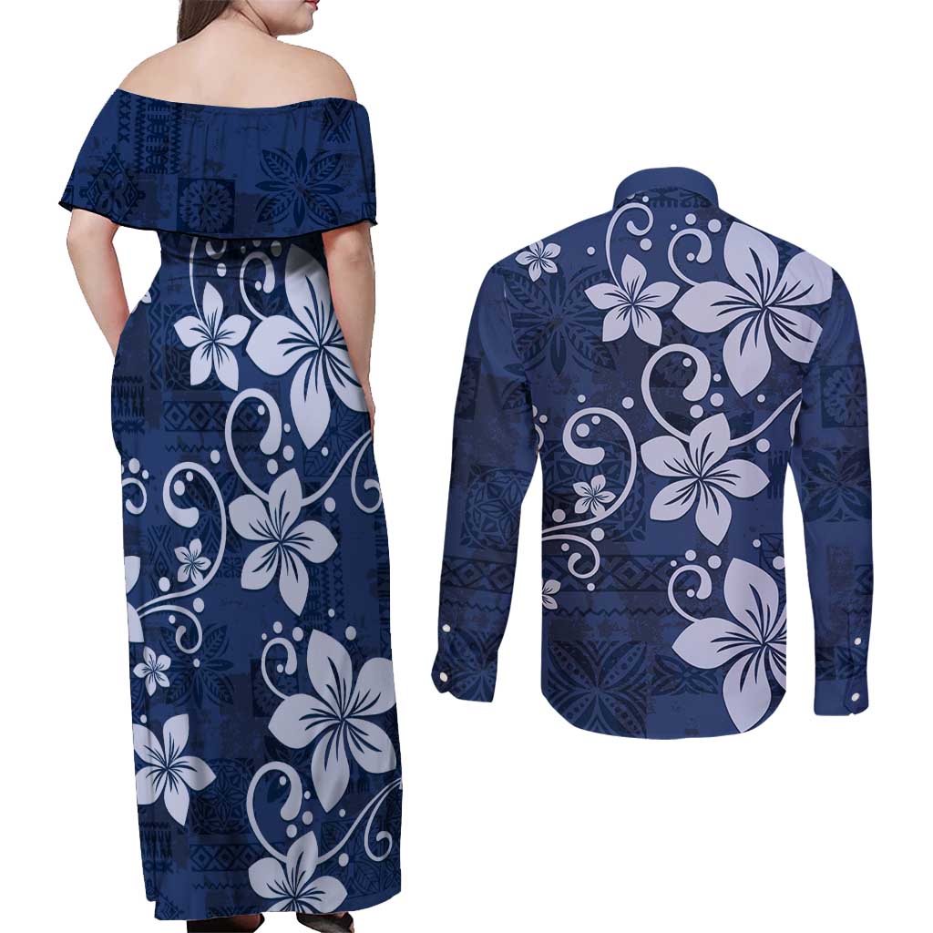 Plumeria Floral Tapa Pattern Navy Blue Couples Matching Off Shoulder Maxi Dress and Long Sleeve Button Shirt