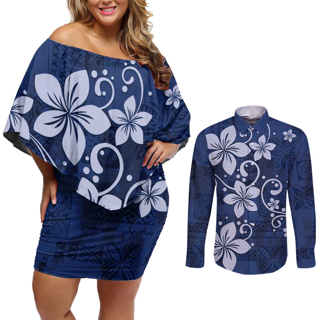 Plumeria Floral Tapa Pattern Navy Blue Couples Matching Off Shoulder Short Dress and Long Sleeve Button Shirt