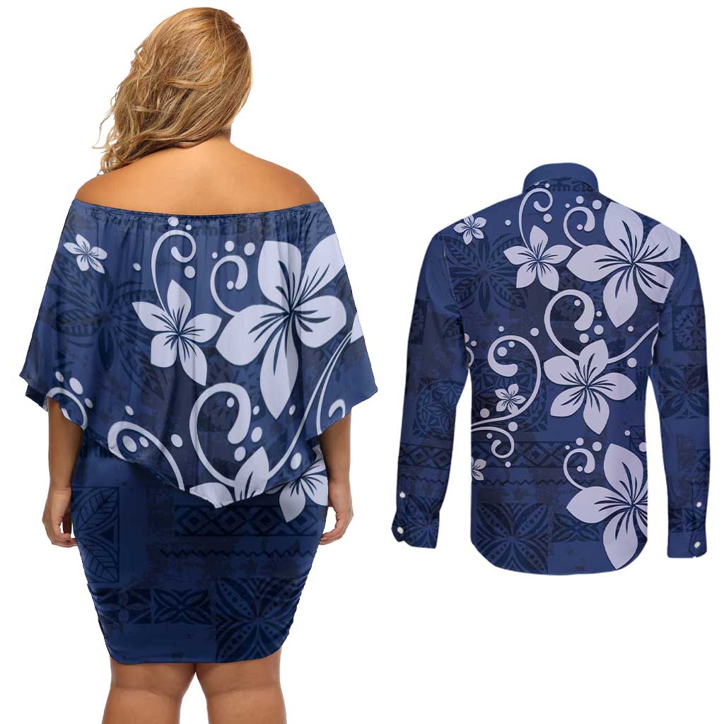 Plumeria Floral Tapa Pattern Navy Blue Couples Matching Off Shoulder Short Dress and Long Sleeve Button Shirt