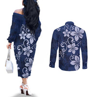 Plumeria Floral Tapa Pattern Navy Blue Couples Matching Off The Shoulder Long Sleeve Dress and Long Sleeve Button Shirt