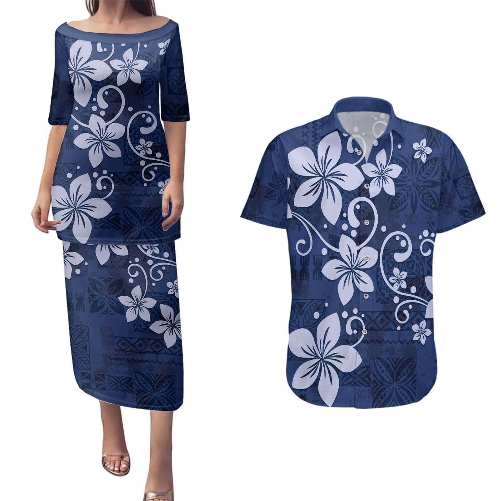 Plumeria Floral Tapa Pattern Navy Blue Couples Matching Puletasi and Hawaiian Shirt