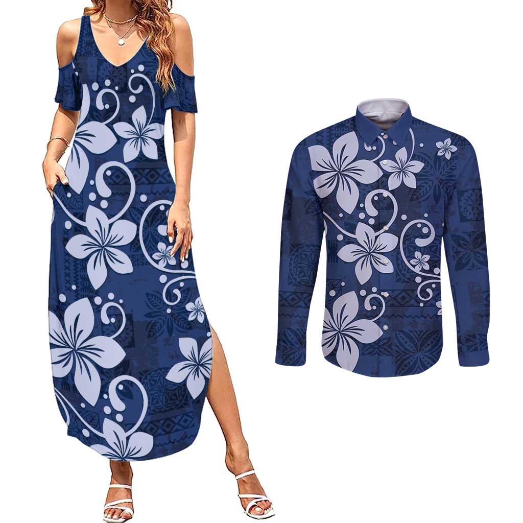 Plumeria Floral Tapa Pattern Navy Blue Couples Matching Summer Maxi Dress and Long Sleeve Button Shirt