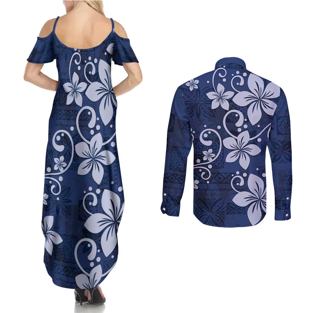 Plumeria Floral Tapa Pattern Navy Blue Couples Matching Summer Maxi Dress and Long Sleeve Button Shirt