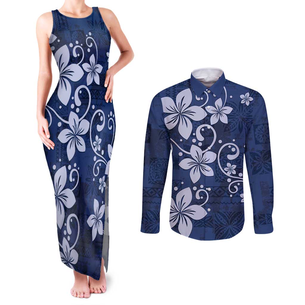 Plumeria Floral Tapa Pattern Navy Blue Couples Matching Tank Maxi Dress and Long Sleeve Button Shirt