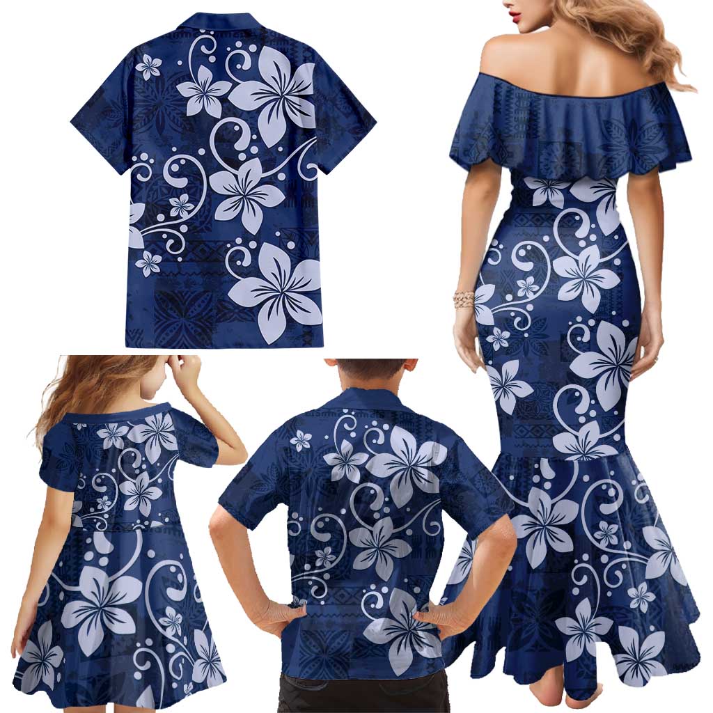 Plumeria Floral Tapa Pattern Navy Blue Family Matching Mermaid Dress and Hawaiian Shirt LT01 - Polynesian Pride