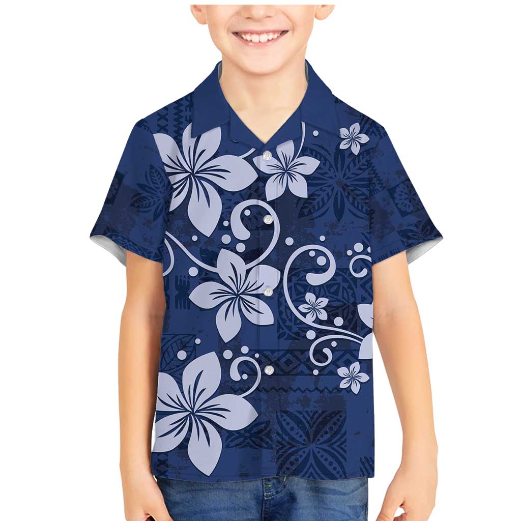 Plumeria Floral Tapa Pattern Navy Blue Family Matching Mermaid Dress and Hawaiian Shirt LT01 Son's Shirt Blue - Polynesian Pride