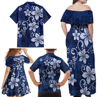 Plumeria Floral Tapa Pattern Navy Blue Family Matching Off Shoulder Maxi Dress and Hawaiian Shirt LT01 - Polynesian Pride