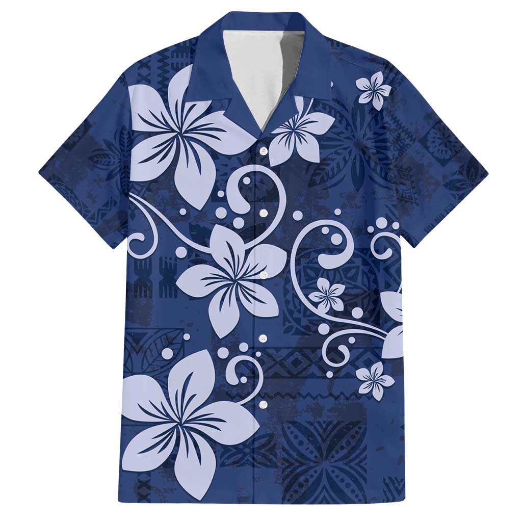 Plumeria Floral Tapa Pattern Navy Blue Family Matching Off Shoulder Maxi Dress and Hawaiian Shirt LT01 Dad's Shirt - Short Sleeve Blue - Polynesian Pride