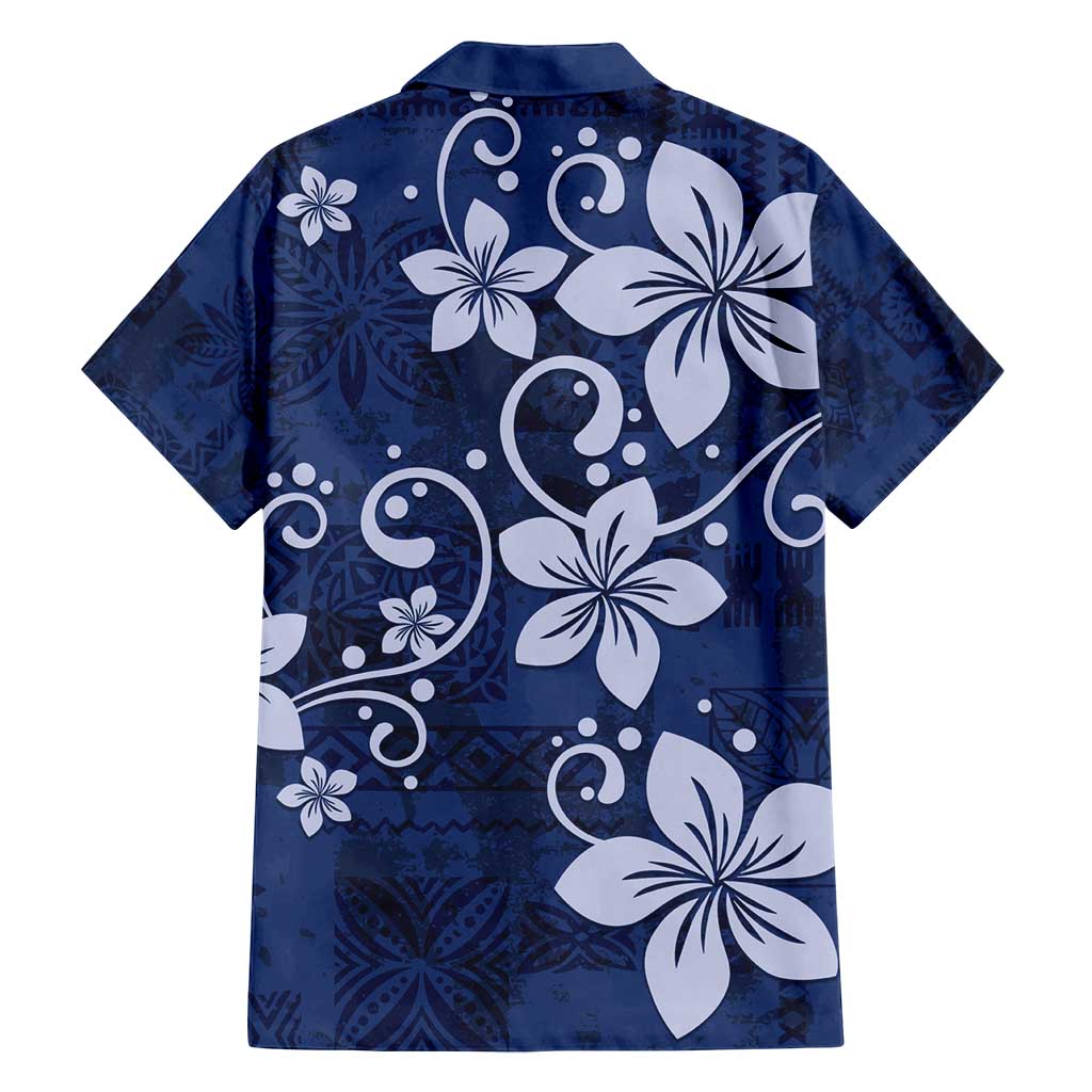 Plumeria Floral Tapa Pattern Navy Blue Family Matching Off Shoulder Maxi Dress and Hawaiian Shirt LT01 - Polynesian Pride