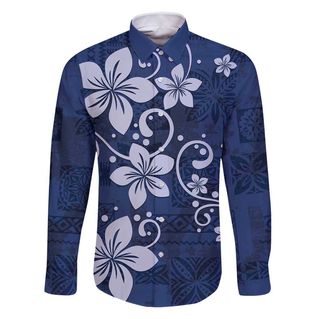 Plumeria Floral Tapa Pattern Navy Blue Family Matching Off Shoulder Maxi Dress and Hawaiian Shirt LT01 Dad's Shirt - Long Sleeve Blue - Polynesian Pride