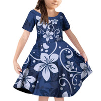 Plumeria Floral Tapa Pattern Navy Blue Family Matching Off Shoulder Short Dress and Hawaiian Shirt LT01 Daughter's Dress Blue - Polynesian Pride