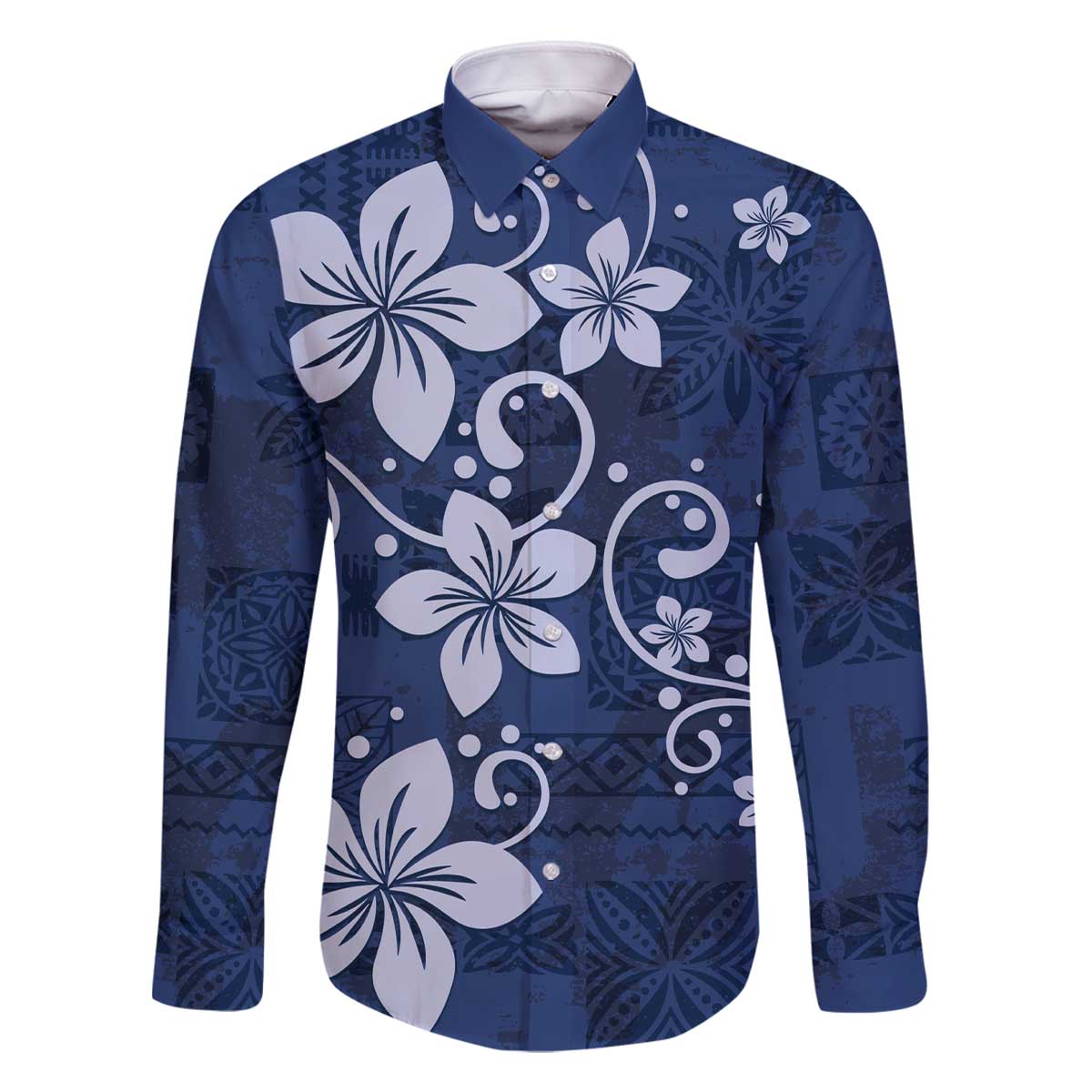 Plumeria Floral Tapa Pattern Navy Blue Family Matching Off Shoulder Short Dress and Hawaiian Shirt LT01 Dad's Shirt - Long Sleeve Blue - Polynesian Pride