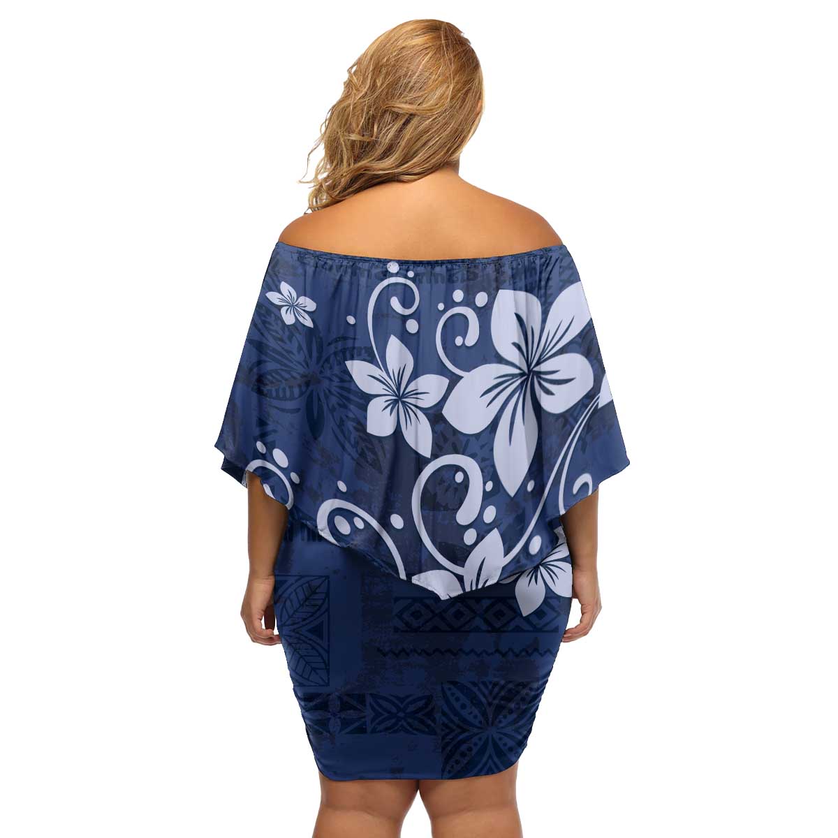 Plumeria Floral Tapa Pattern Navy Blue Family Matching Off Shoulder Short Dress and Hawaiian Shirt LT01 - Polynesian Pride