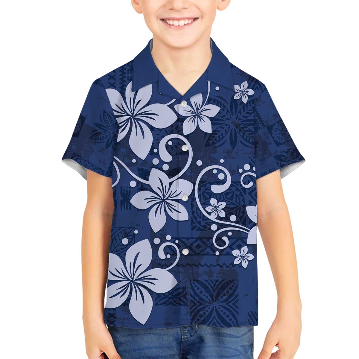 Plumeria Floral Tapa Pattern Navy Blue Family Matching Off Shoulder Short Dress and Hawaiian Shirt LT01 Son's Shirt Blue - Polynesian Pride